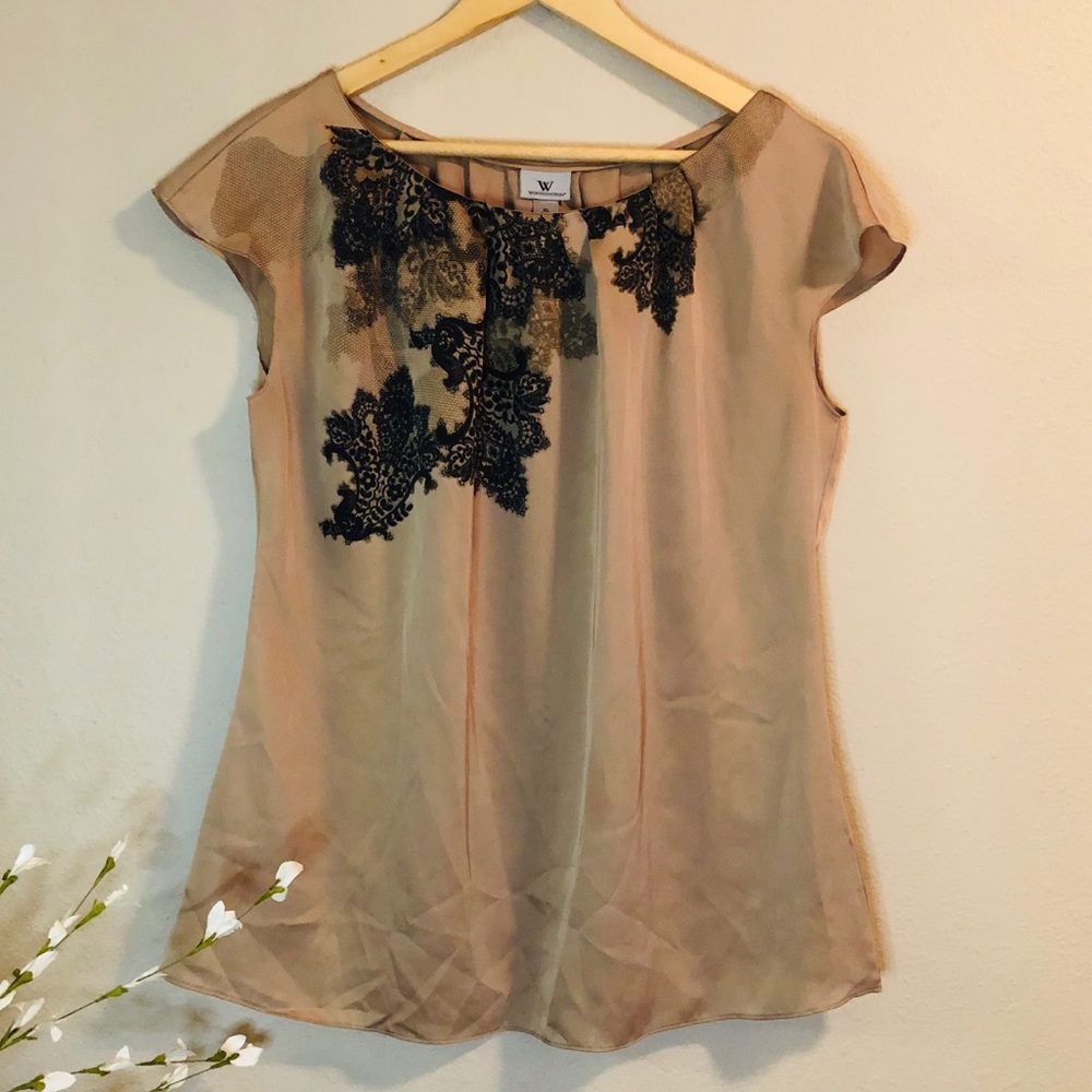 Stunning Tan Blouse with Black Lace Printed Accent